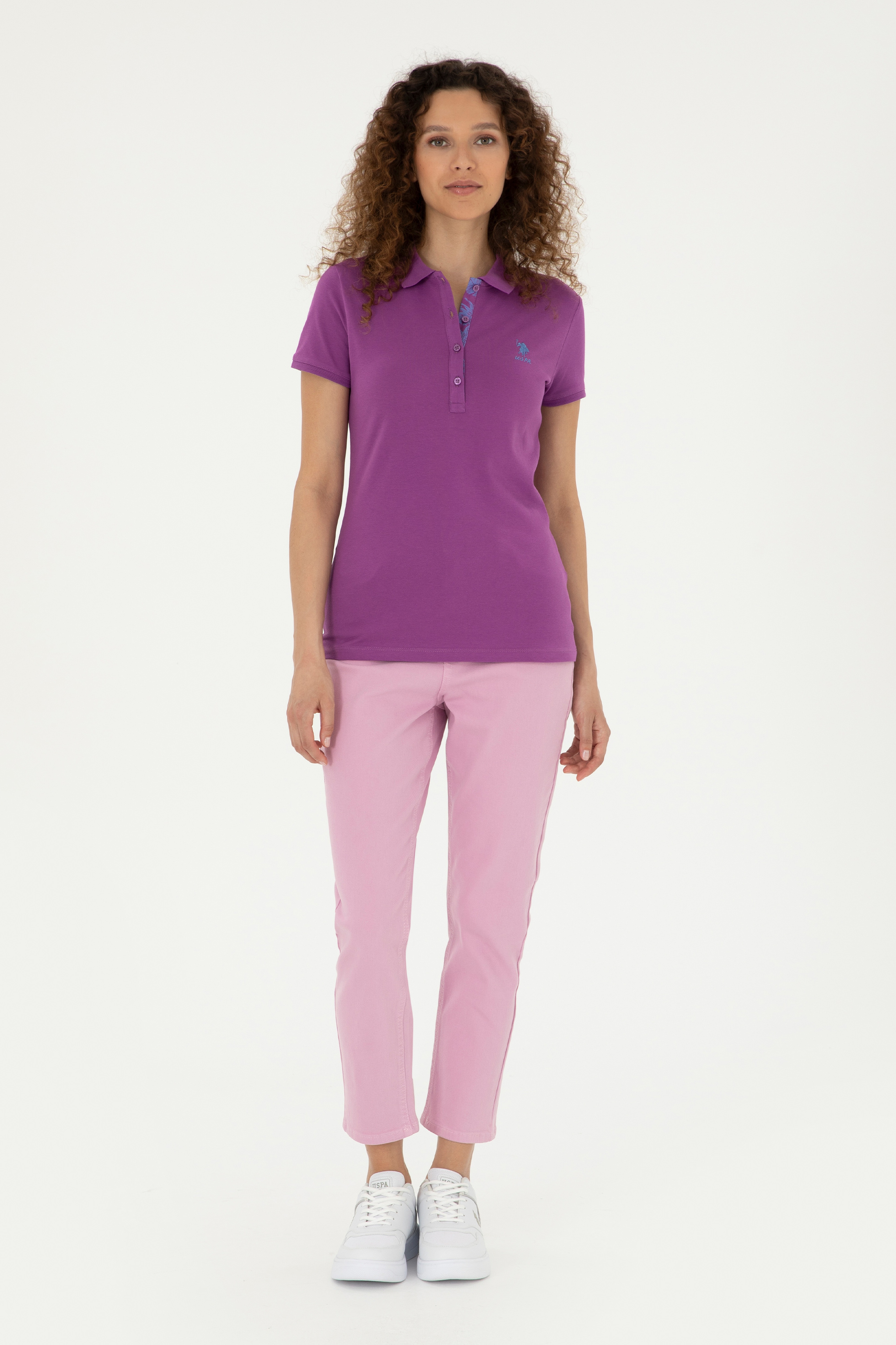 Kadın Mor Basic Polo Yaka Tişört - Image 4