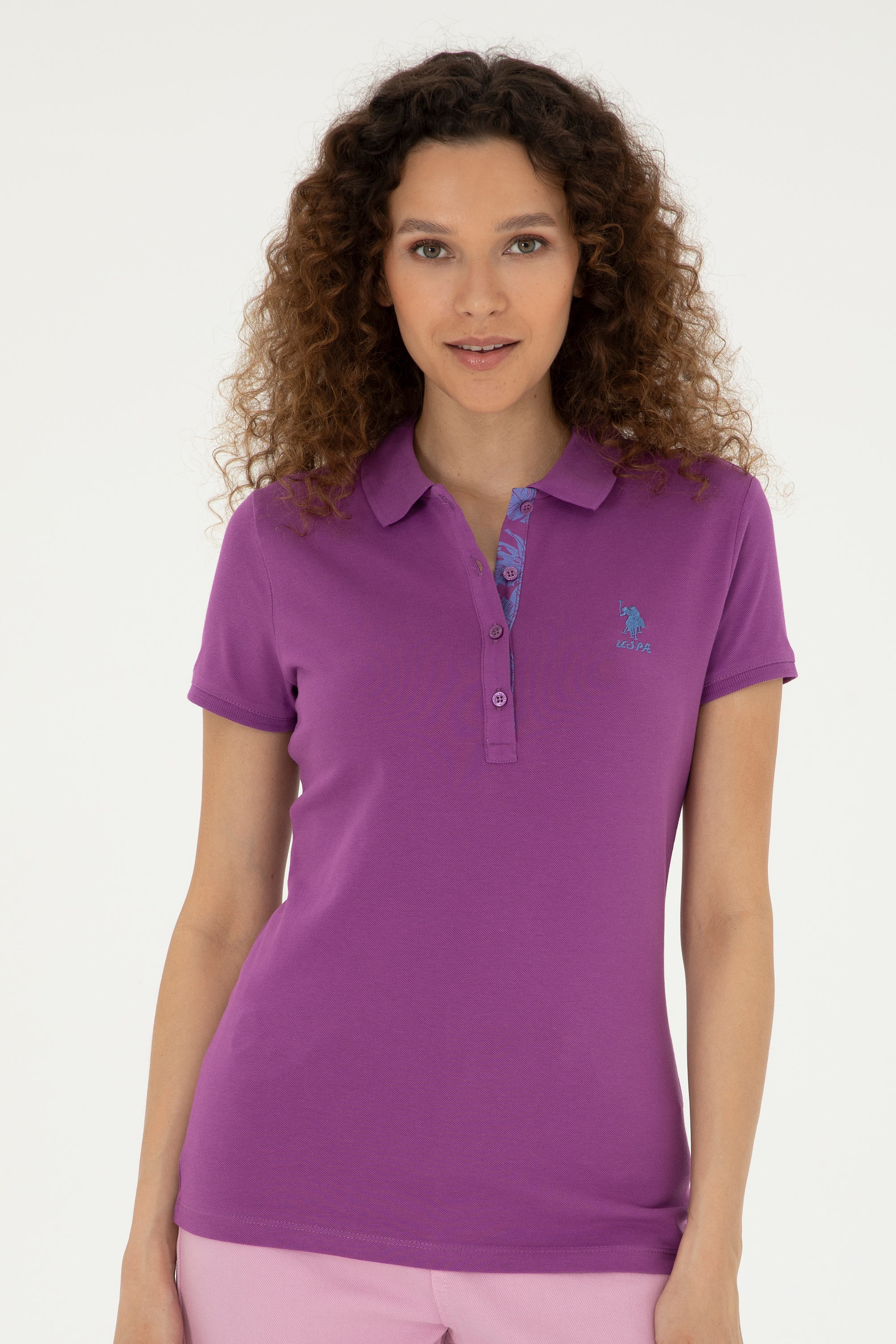 Kadın Mor Basic Polo Yaka Tişört - Image 1