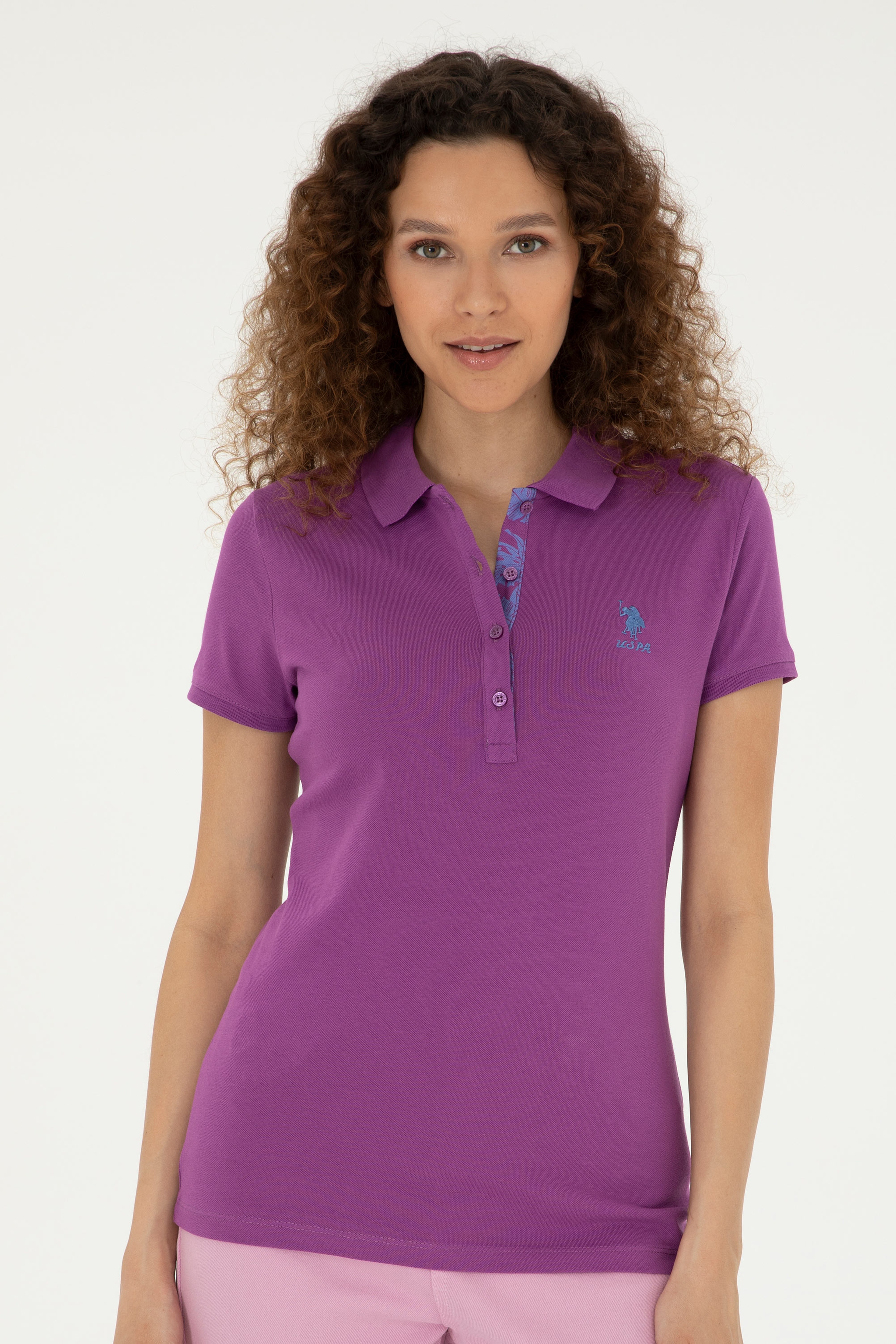 Kadın Mor Basic Polo Yaka Tişört