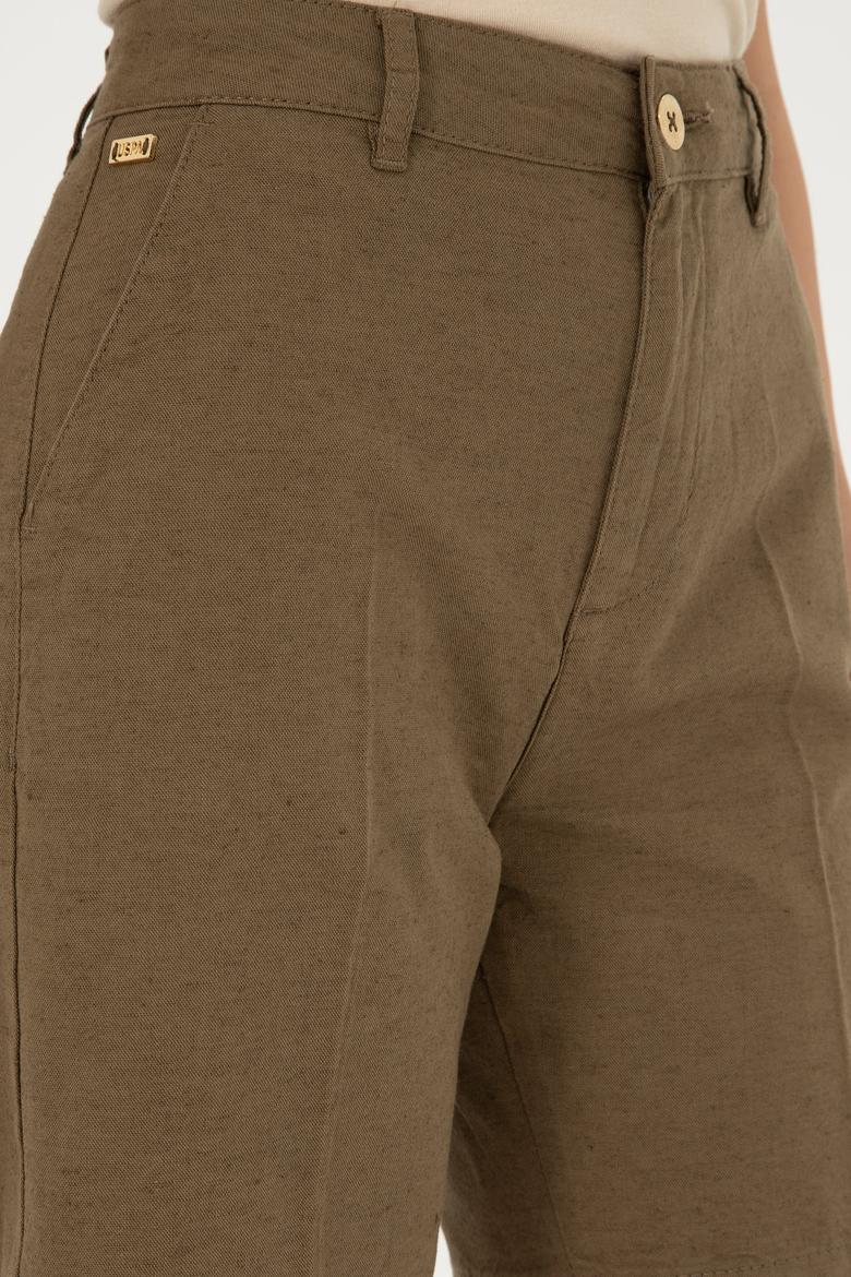 Kadın Haki Keten Görünümlü Dokuma Şort - 50289456001