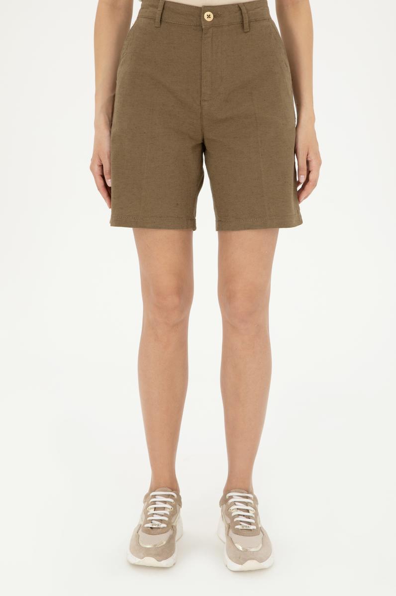 Kadın Haki Keten Görünümlü Dokuma Şort
