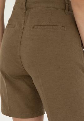 Kadın Haki Keten Görünümlü Dokuma Şort - 50289456001