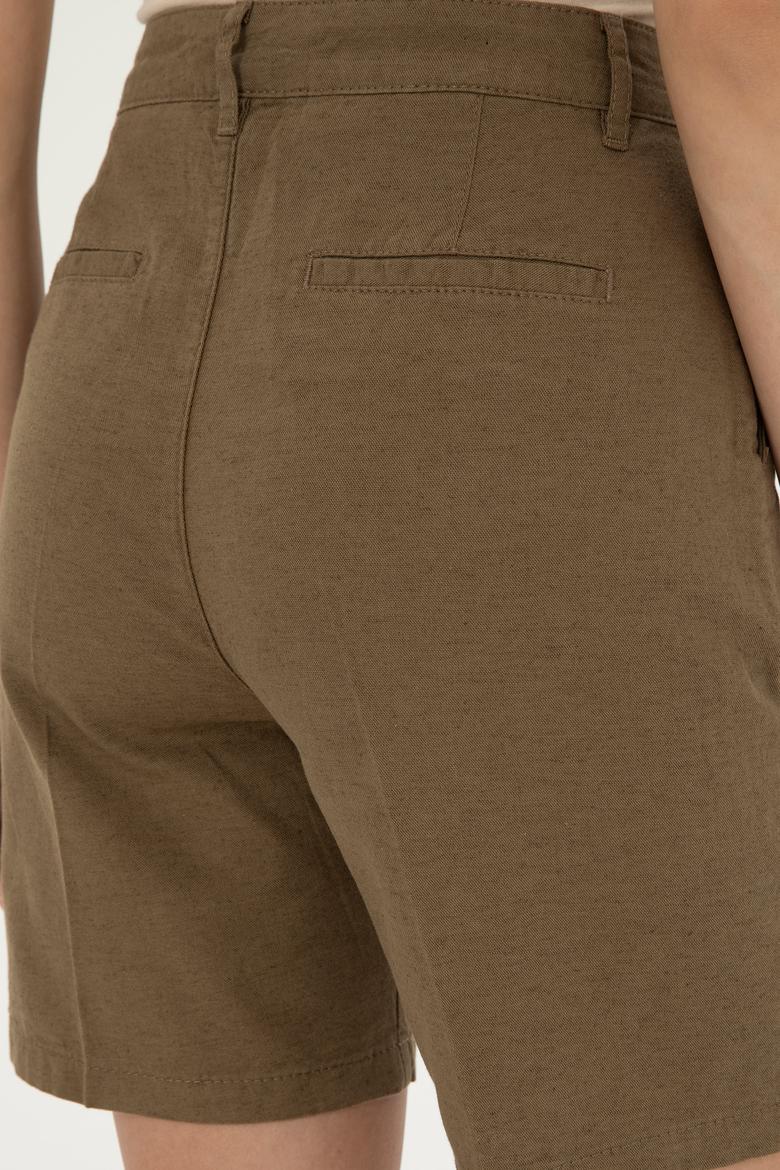 Kadın Haki Keten Görünümlü Dokuma Şort - 50289456001