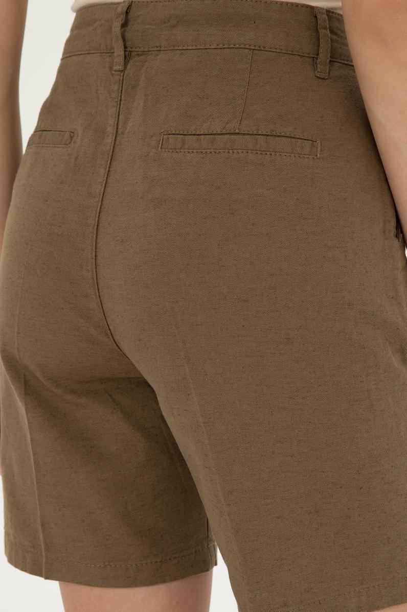 Kadın Haki Keten Görünümlü Dokuma Şort