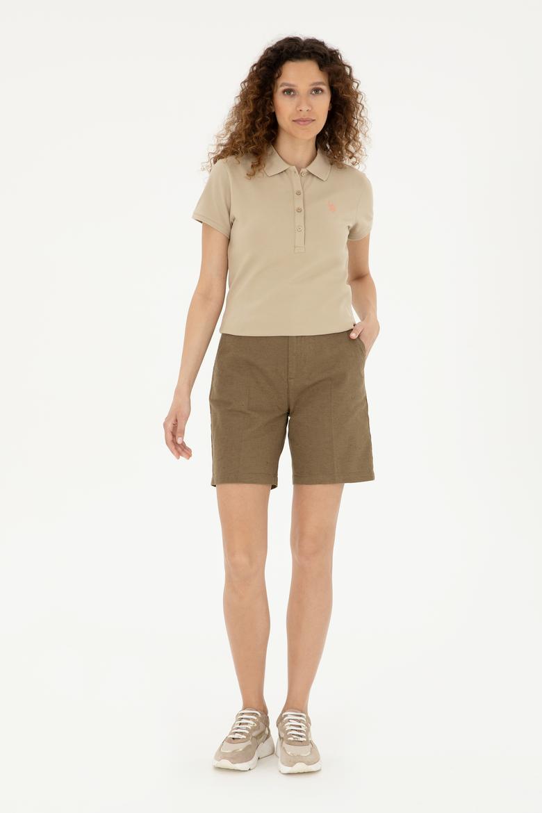 Kadın Haki Keten Görünümlü Dokuma Şort