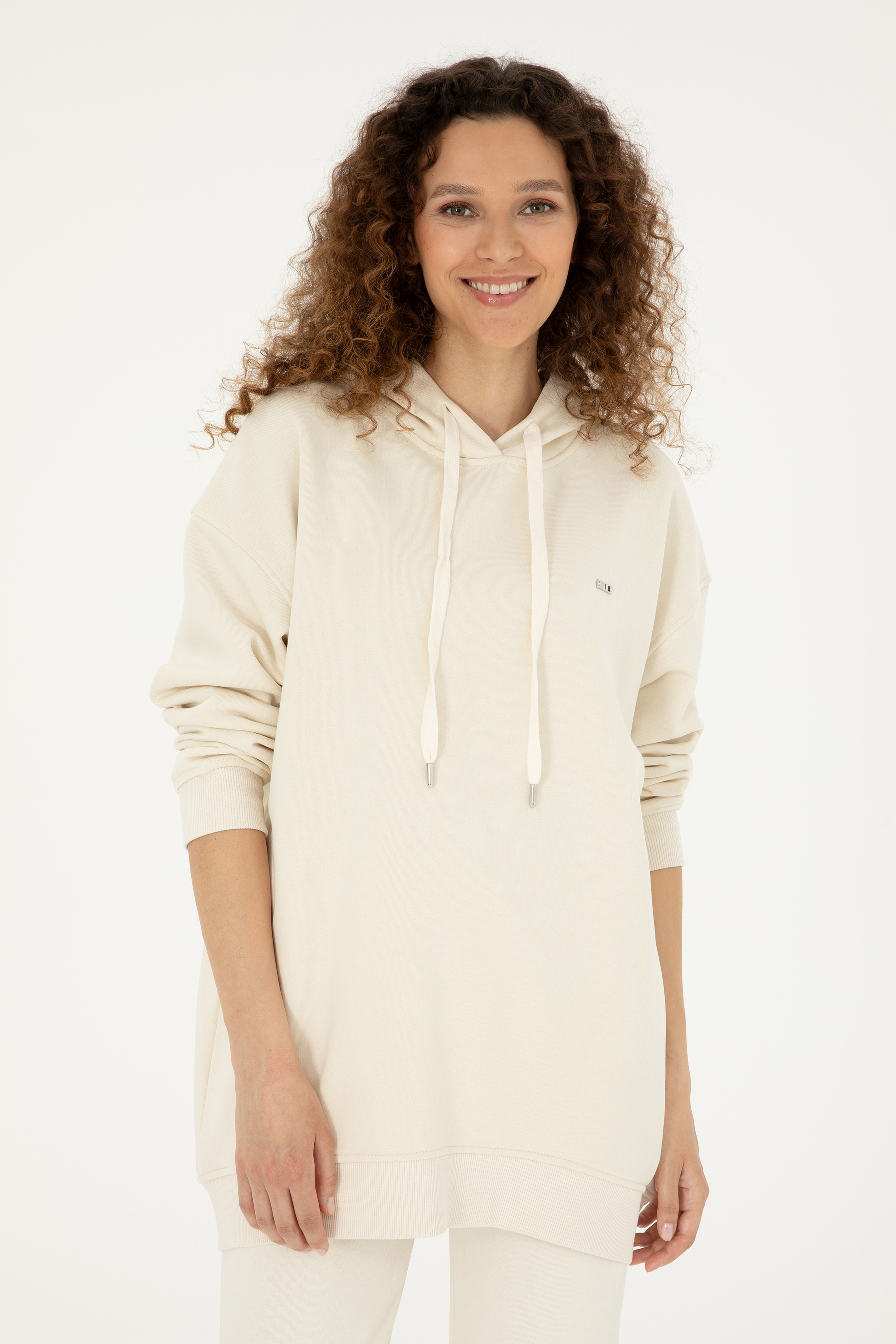 Kadın Krem Kapüşonlu Sweatshirt - Image 3