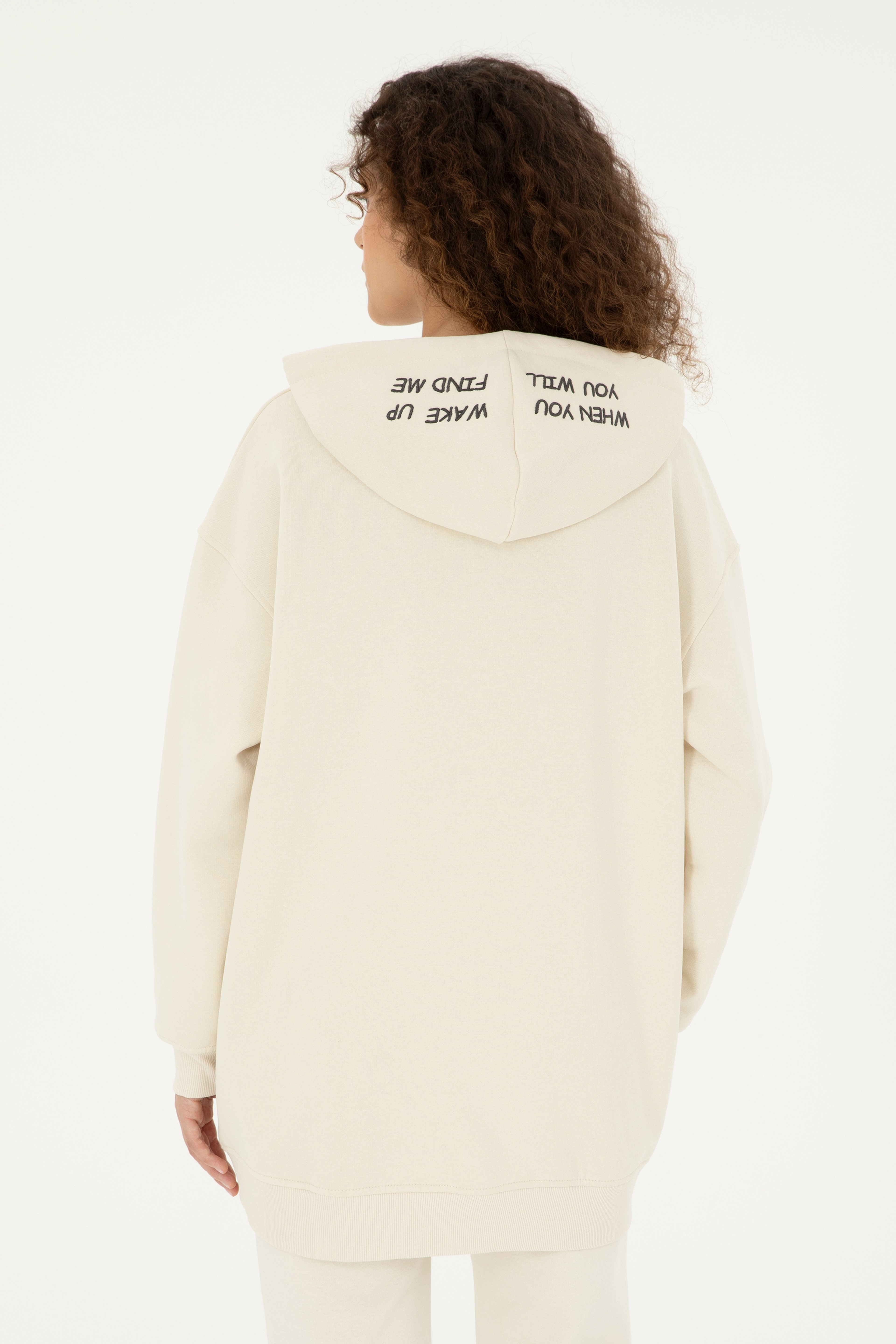 Kadın Krem Kapüşonlu Sweatshirt - Image 5