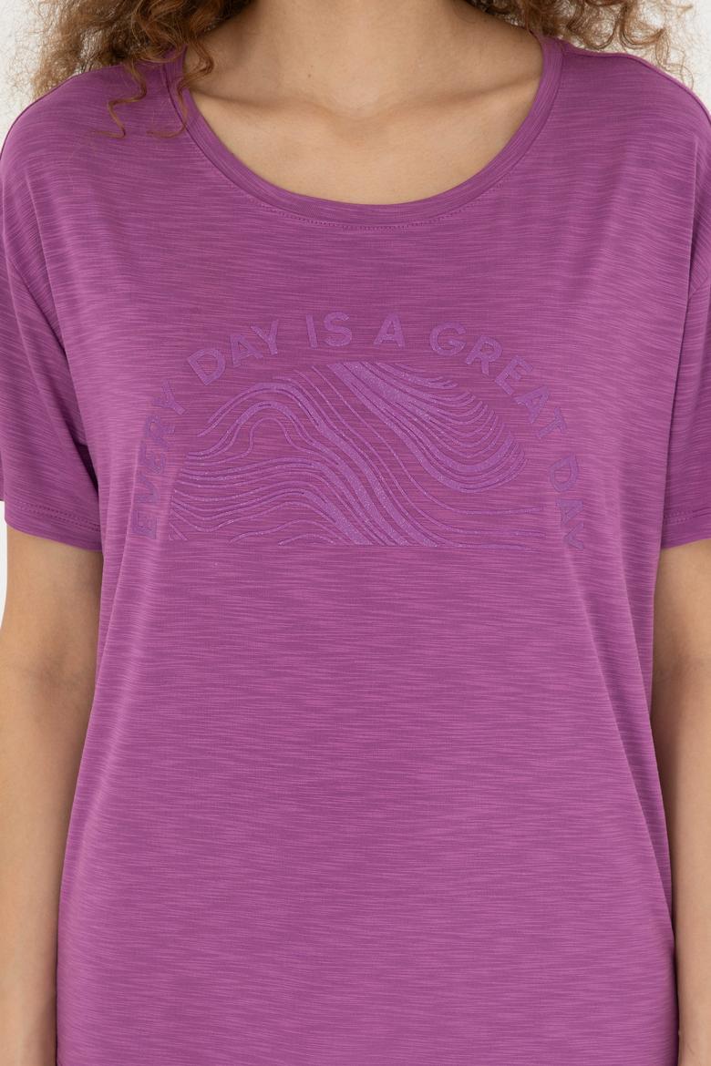 Kadın Mor Bisiklet Yaka Tişört - 50283780018
