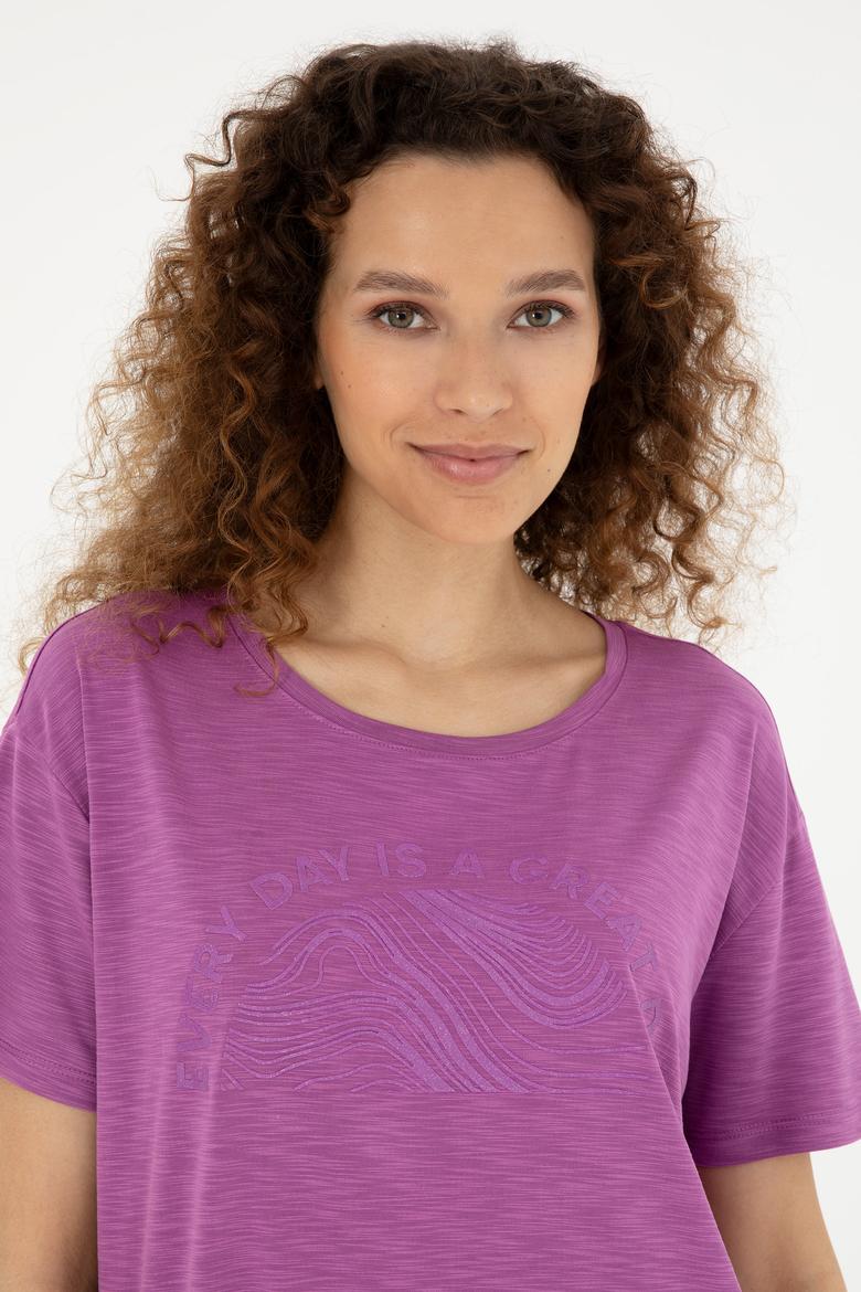 Kadın Mor Bisiklet Yaka Tişört - 50283780018