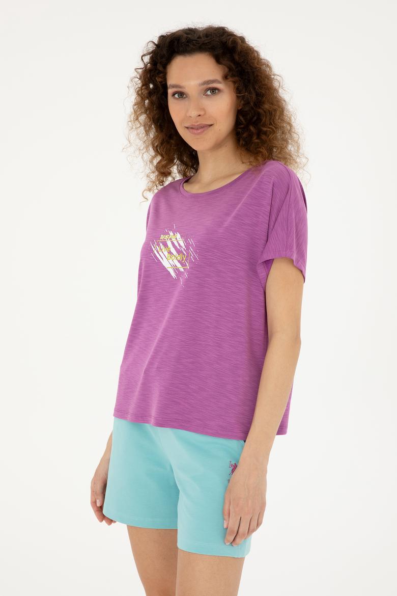 Kadın Mor Bisiklet Yaka Tişört - 50284355019