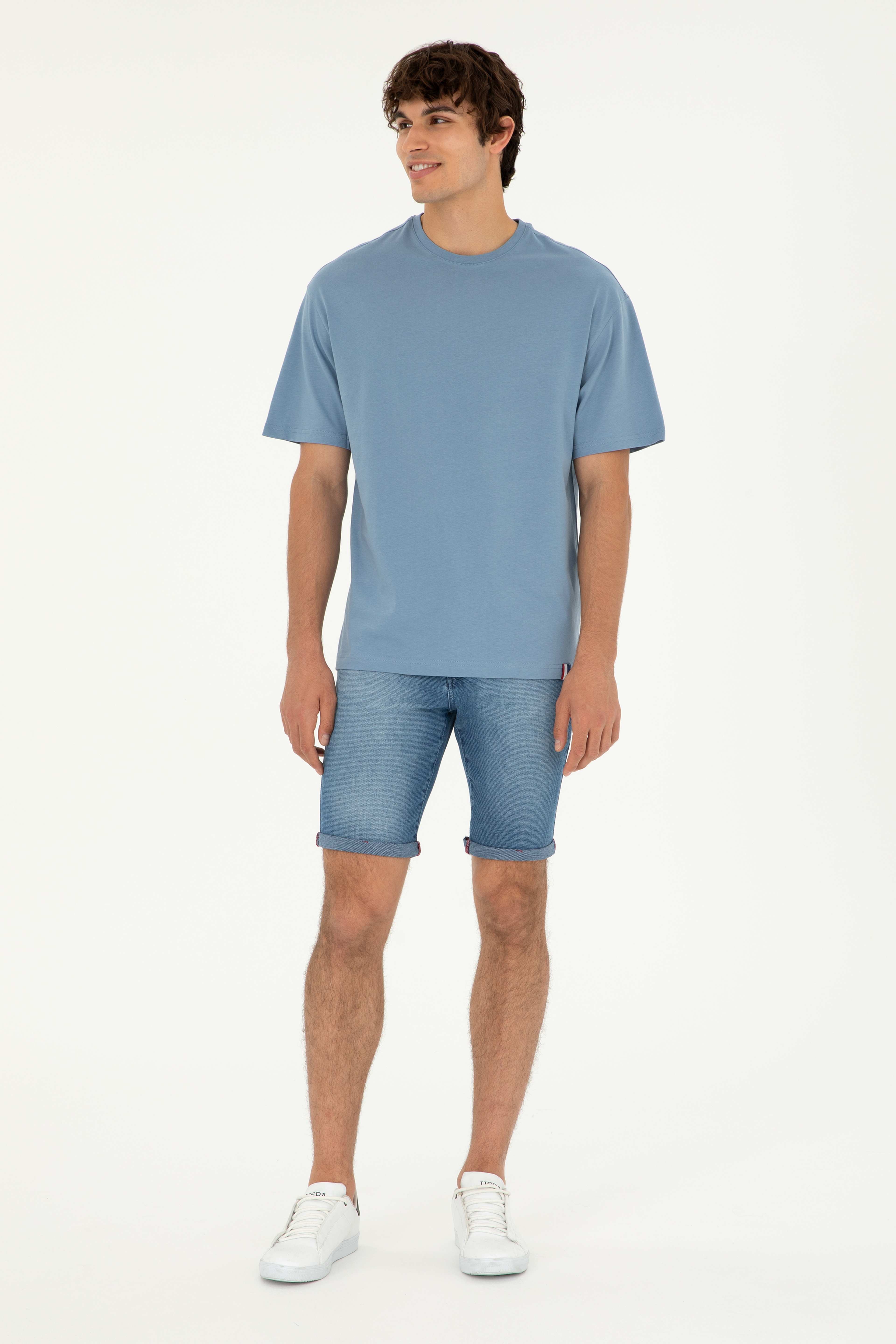 Erkek Comfort Fit Bisiklet Yaka İndigo Tişört - Image 4