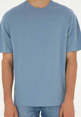 Erkek Comfort Fit Bisiklet Yaka İndigo Tişört - 50294216041