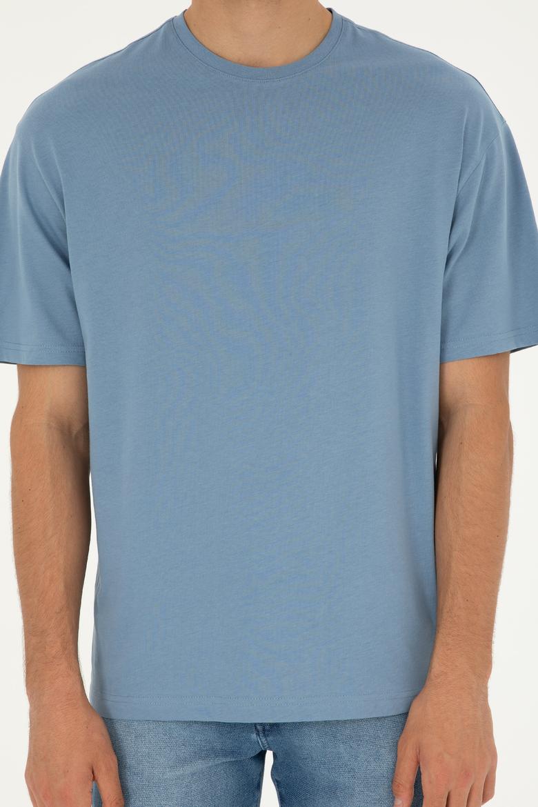 Erkek Comfort Fit Bisiklet Yaka İndigo Tişört - 50294216041