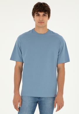 Erkek Comfort Fit Bisiklet Yaka İndigo Tişört - 50294216041