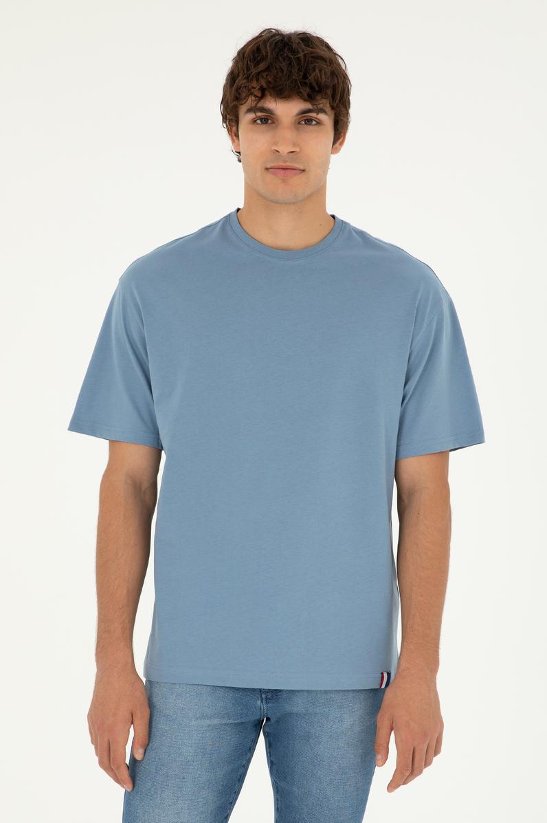 Erkek Comfort Fit Bisiklet Yaka İndigo Tişört