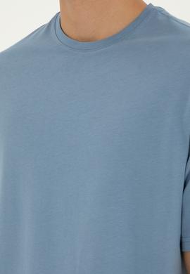 Erkek Comfort Fit Bisiklet Yaka İndigo Tişört - 50294216041