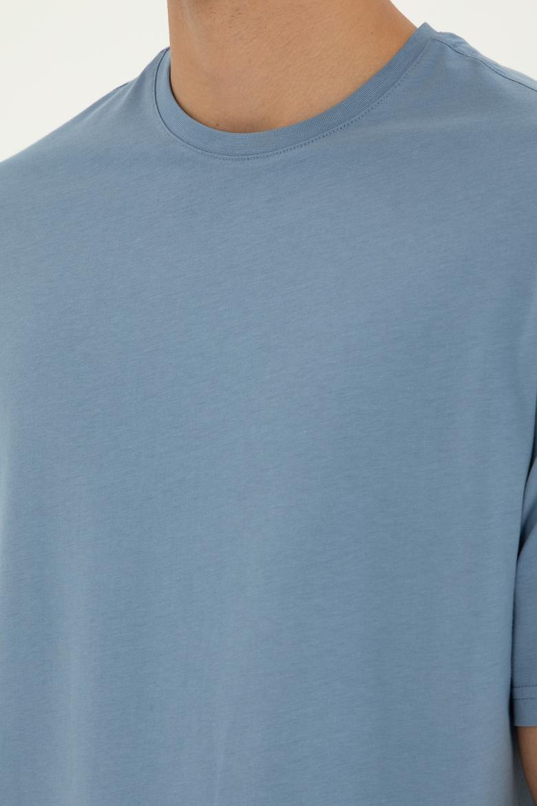 Erkek Comfort Fit Bisiklet Yaka İndigo Tişört - 50294216041