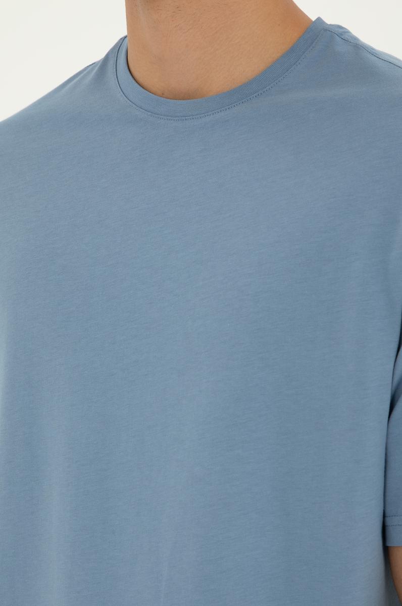 Erkek Comfort Fit Bisiklet Yaka İndigo Tişört