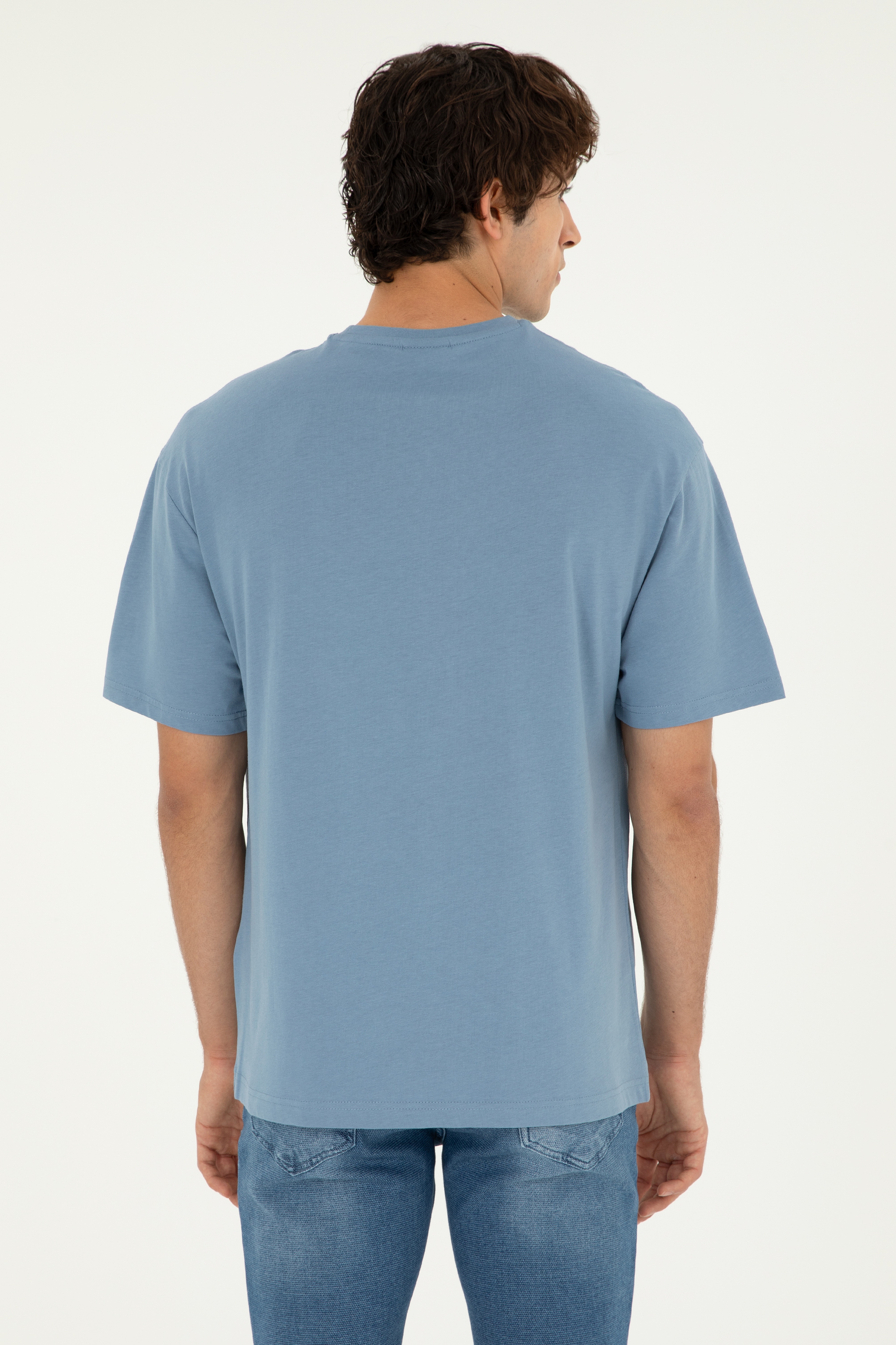 Erkek Comfort Fit Bisiklet Yaka İndigo Tişört - Image 5