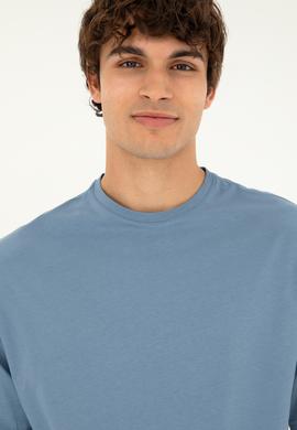 Erkek Comfort Fit Bisiklet Yaka İndigo Tişört - 50294216041