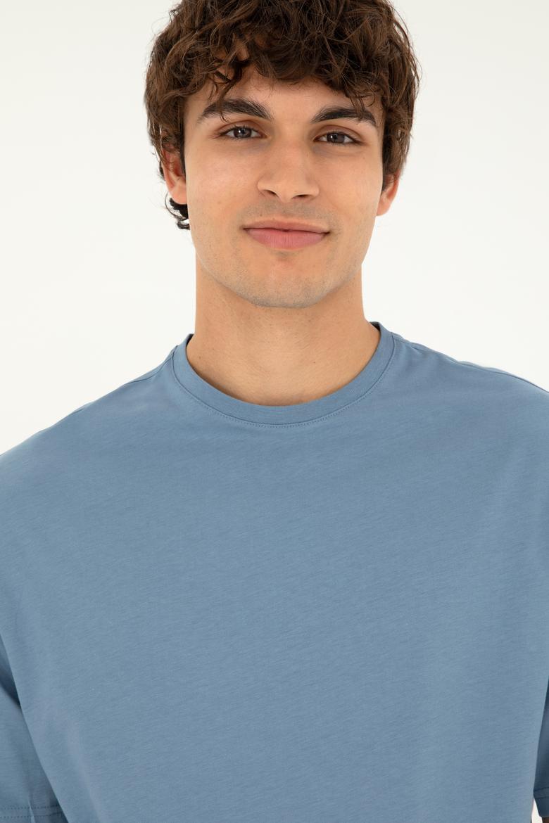 Erkek Comfort Fit Bisiklet Yaka İndigo Tişört - 50294216041