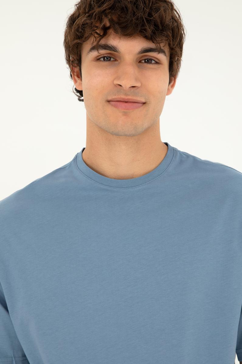 Erkek Comfort Fit Bisiklet Yaka İndigo Tişört