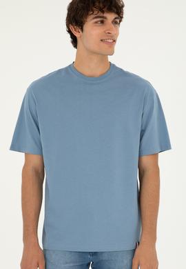 Erkek Comfort Fit Bisiklet Yaka İndigo Tişört - 50294216041