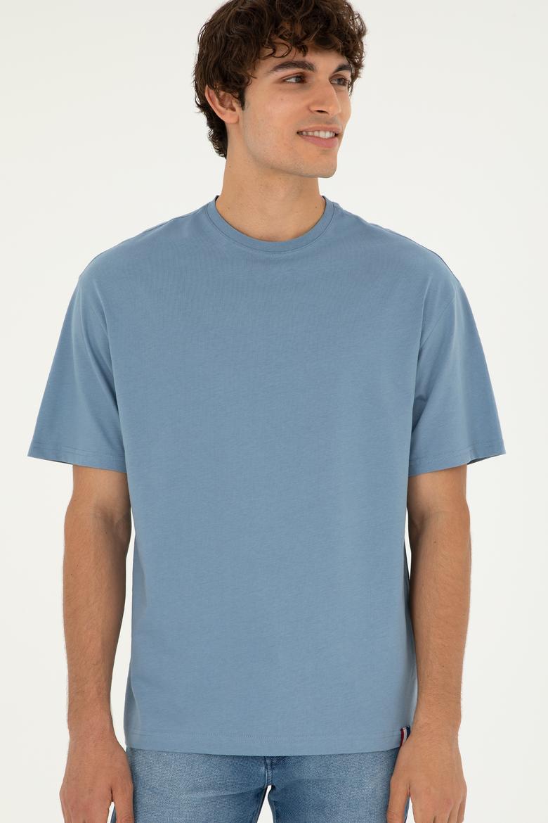 Erkek Comfort Fit Bisiklet Yaka İndigo Tişört - 50294216041