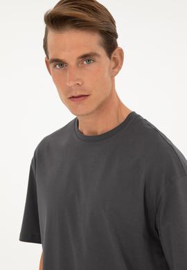 Erkek Comfort Fit Bisiklet Yaka Antrasit Tişört - 50294216079