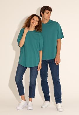 Koyu Yeşil Bisiklet Yaka Long Fit Tişört - 50284629070