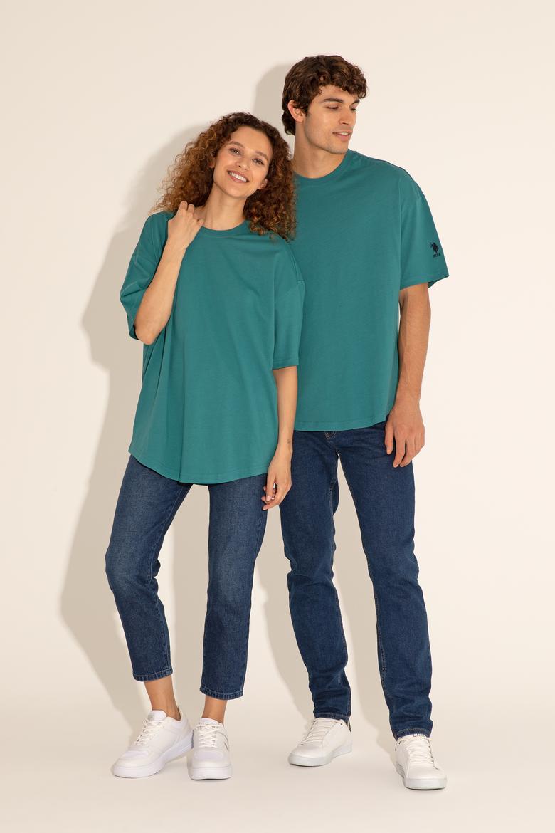 Koyu Yeşil Bisiklet Yaka Long Fit Tişört - 50284629070