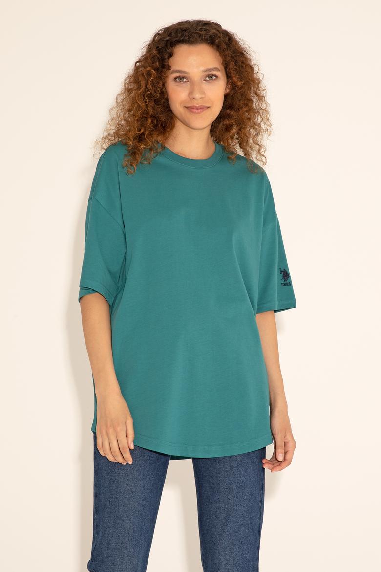 Koyu Yeşil Bisiklet Yaka Long Fit Tişört - 50284629070