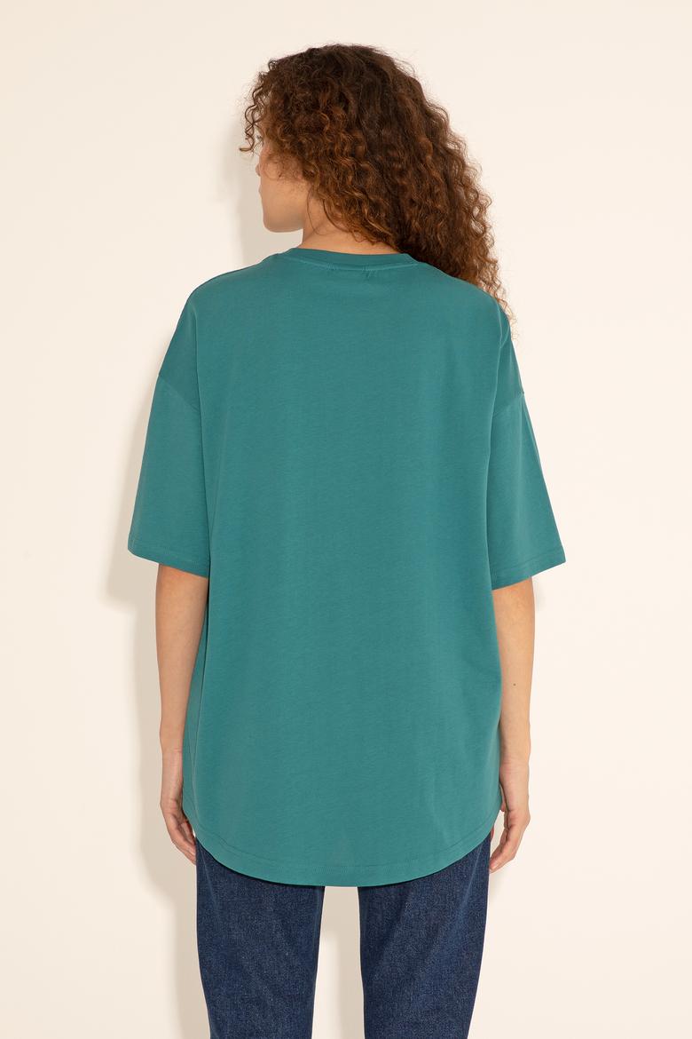 Koyu Yeşil Bisiklet Yaka Long Fit Tişört - 50284629070