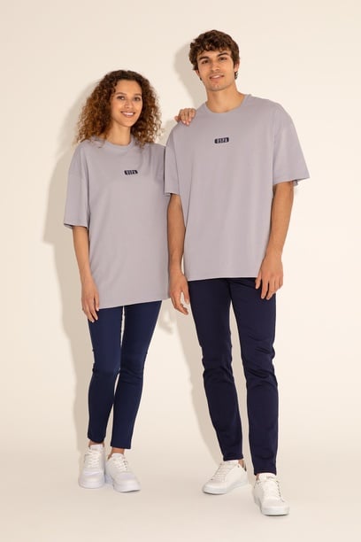 Erkek Oversize Fit Bisiklet Yaka Gri Tişört