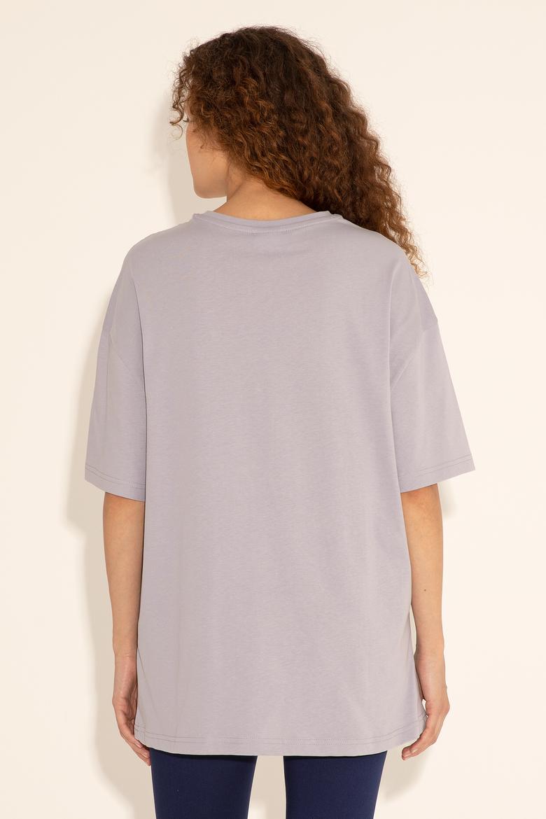 Erkek Oversize Fit Bisiklet Yaka Gri Tişört - 50289280031