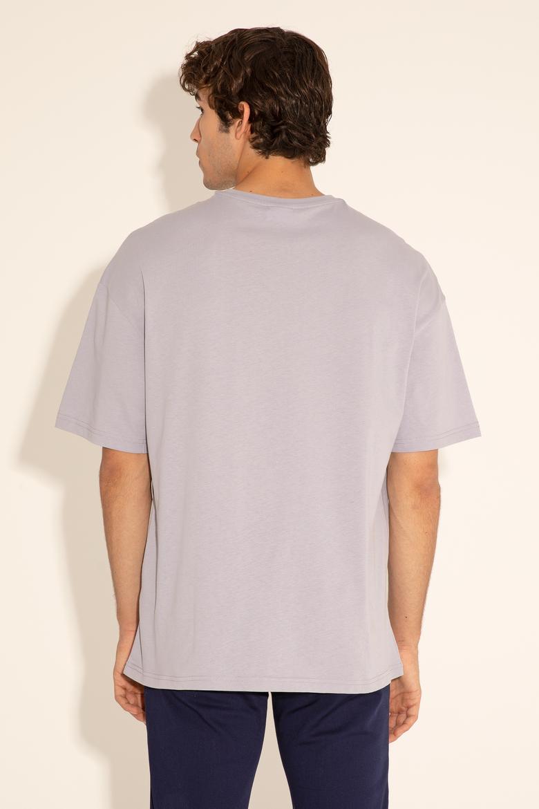 Erkek Oversize Fit Bisiklet Yaka Gri Tişört - 50289280031