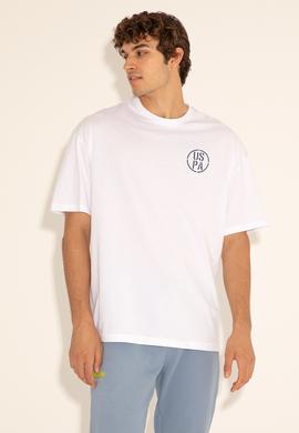 Erkek Oversize Fit Bisiklet Yaka Beyaz Tişört - 50289283008