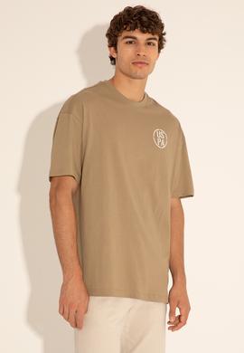 Erkek Oversize Fit Bisiklet Yaka Haki Tişört - 50289283041