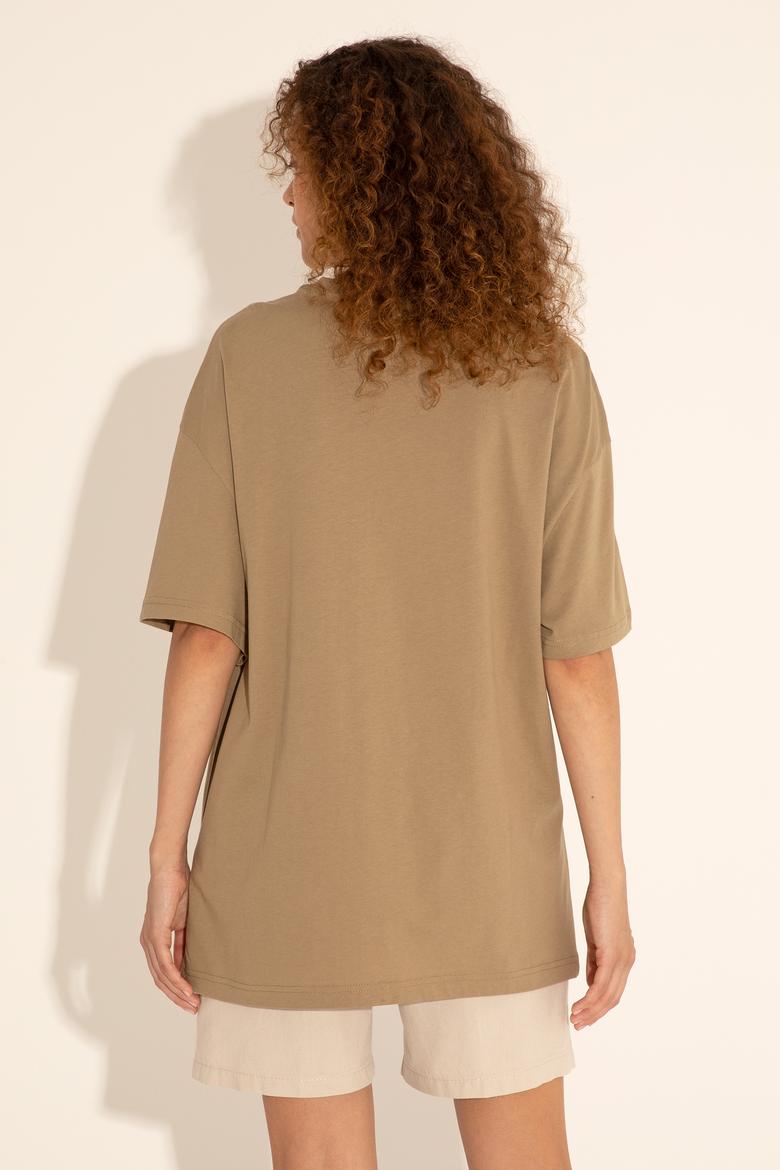 Erkek Oversize Fit Bisiklet Yaka Haki Tişört - 50289283041