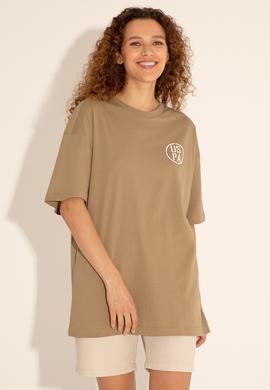 Erkek Oversize Fit Bisiklet Yaka Haki Tişört - 50289283041