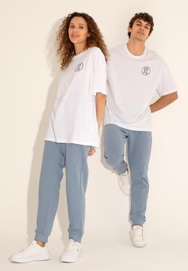 Erkek Oversize Fit Bisiklet Yaka Beyaz Tişört - 50289283008