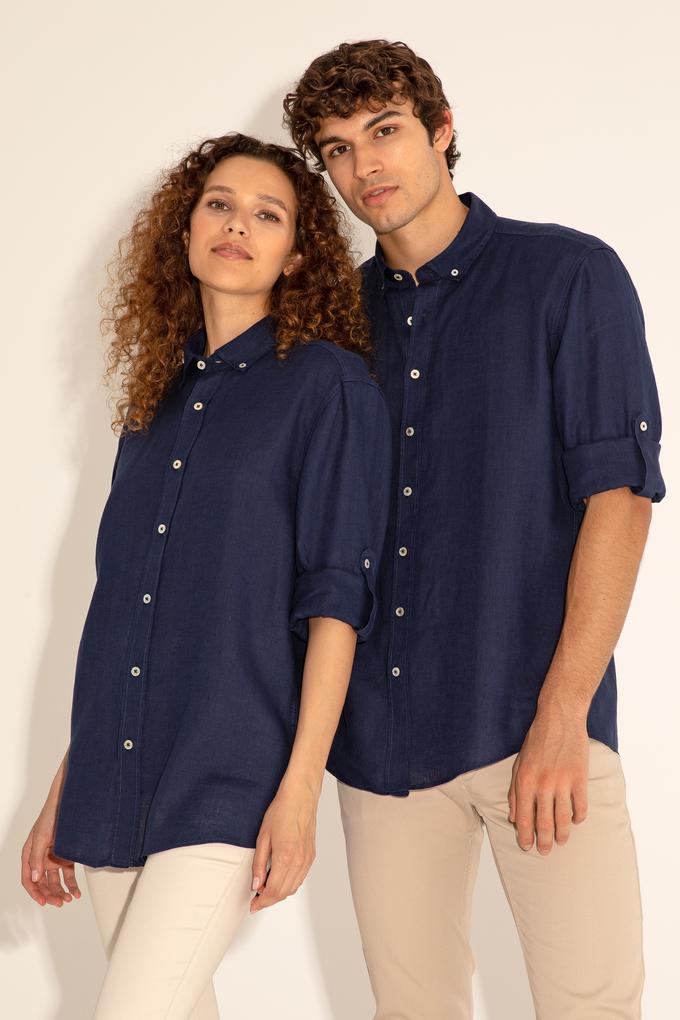 Lacivert Unisex Keten Gömlek