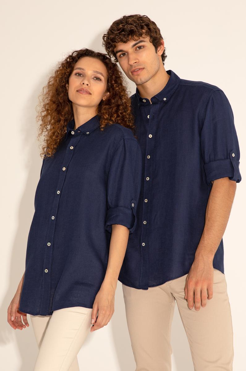Lacivert Unisex Keten Gömlek