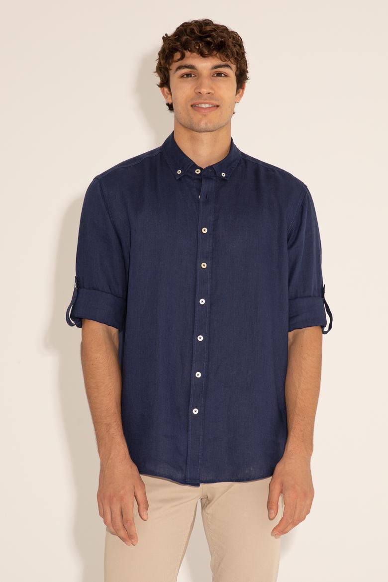 Lacivert Unisex Keten Gömlek - 50284324019