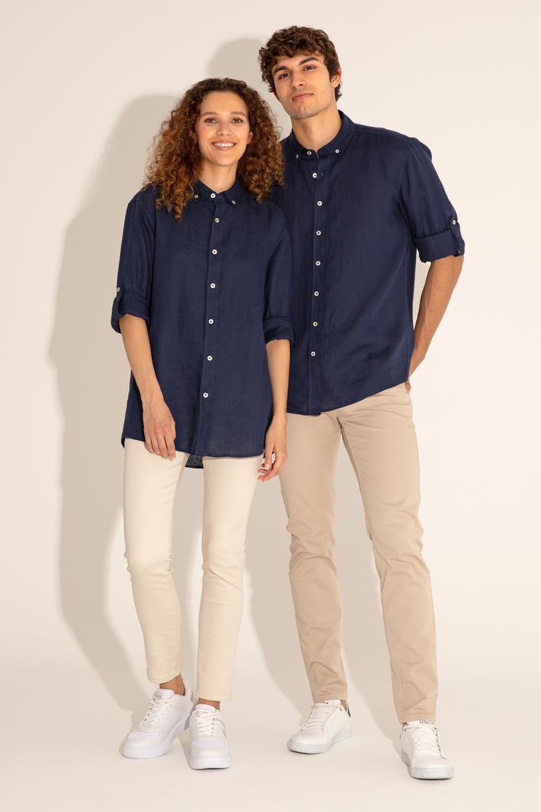 Lacivert Unisex Keten Gömlek - 50284324019