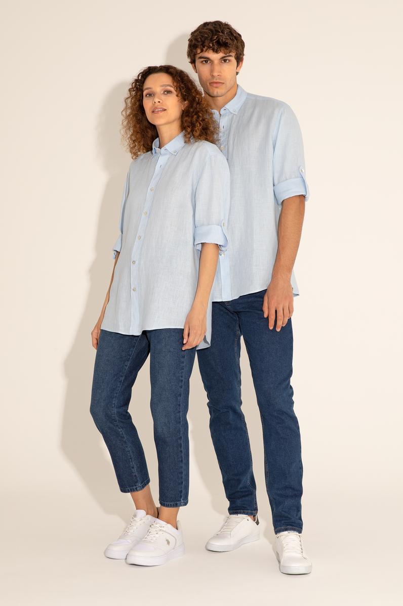 Açık Mavi Unisex Keten Gömlek