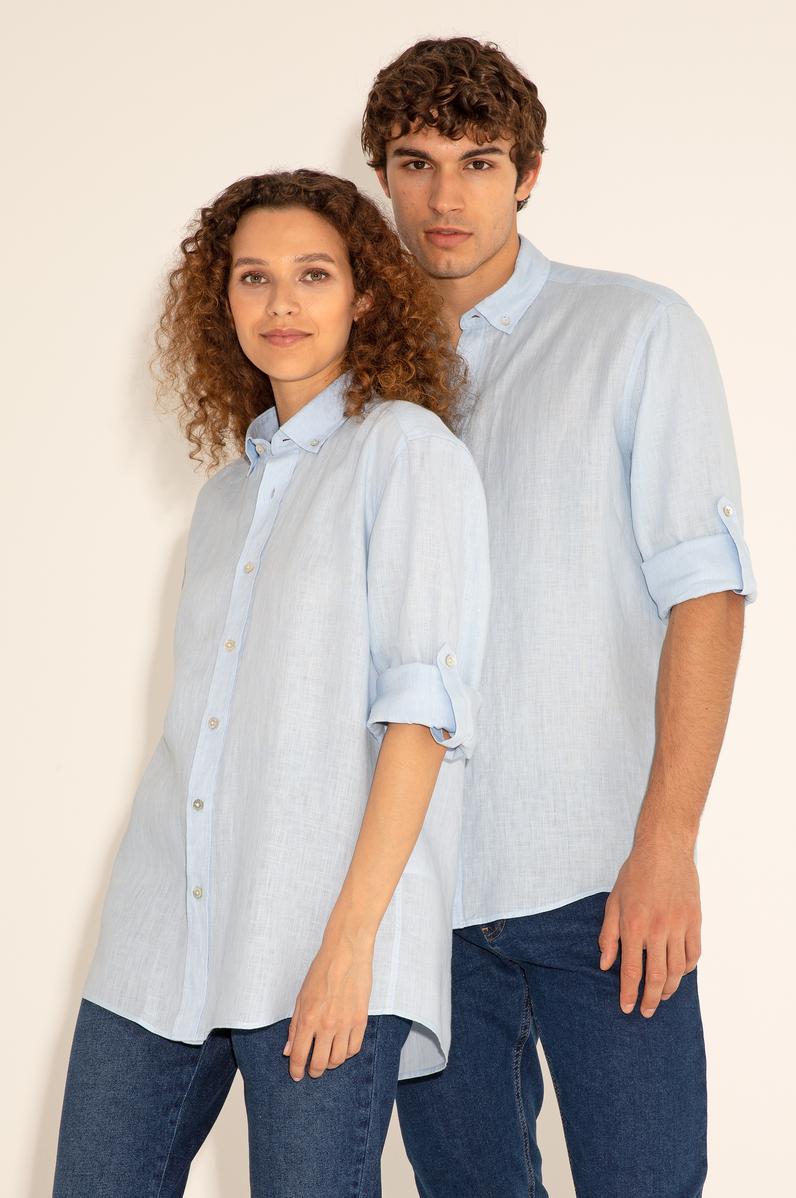 Açık Mavi Unisex Keten Gömlek