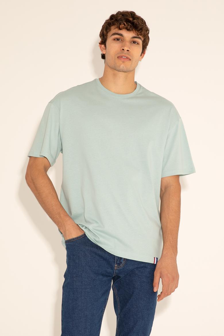 Erkek Comfort Fit Bisiklet Yaka Su Yeşili Tişört - 50294216039