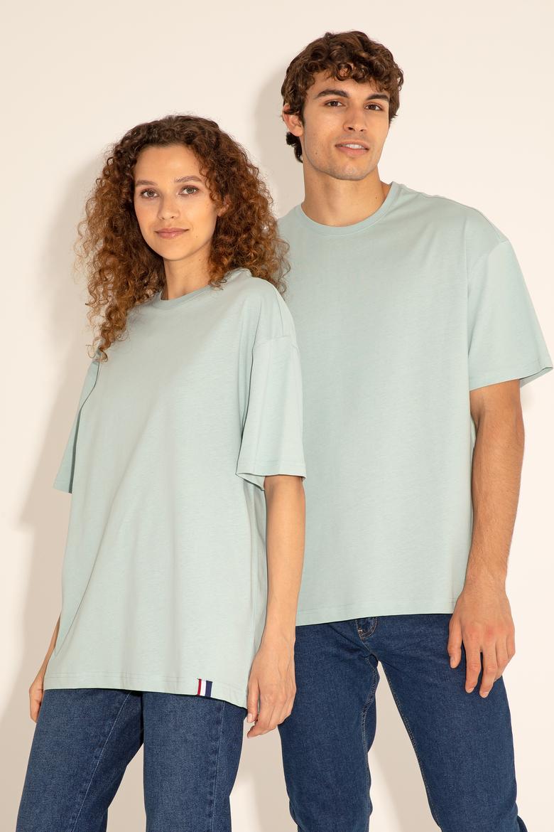 Erkek Comfort Fit Bisiklet Yaka Su Yeşili Tişört - 50294216039