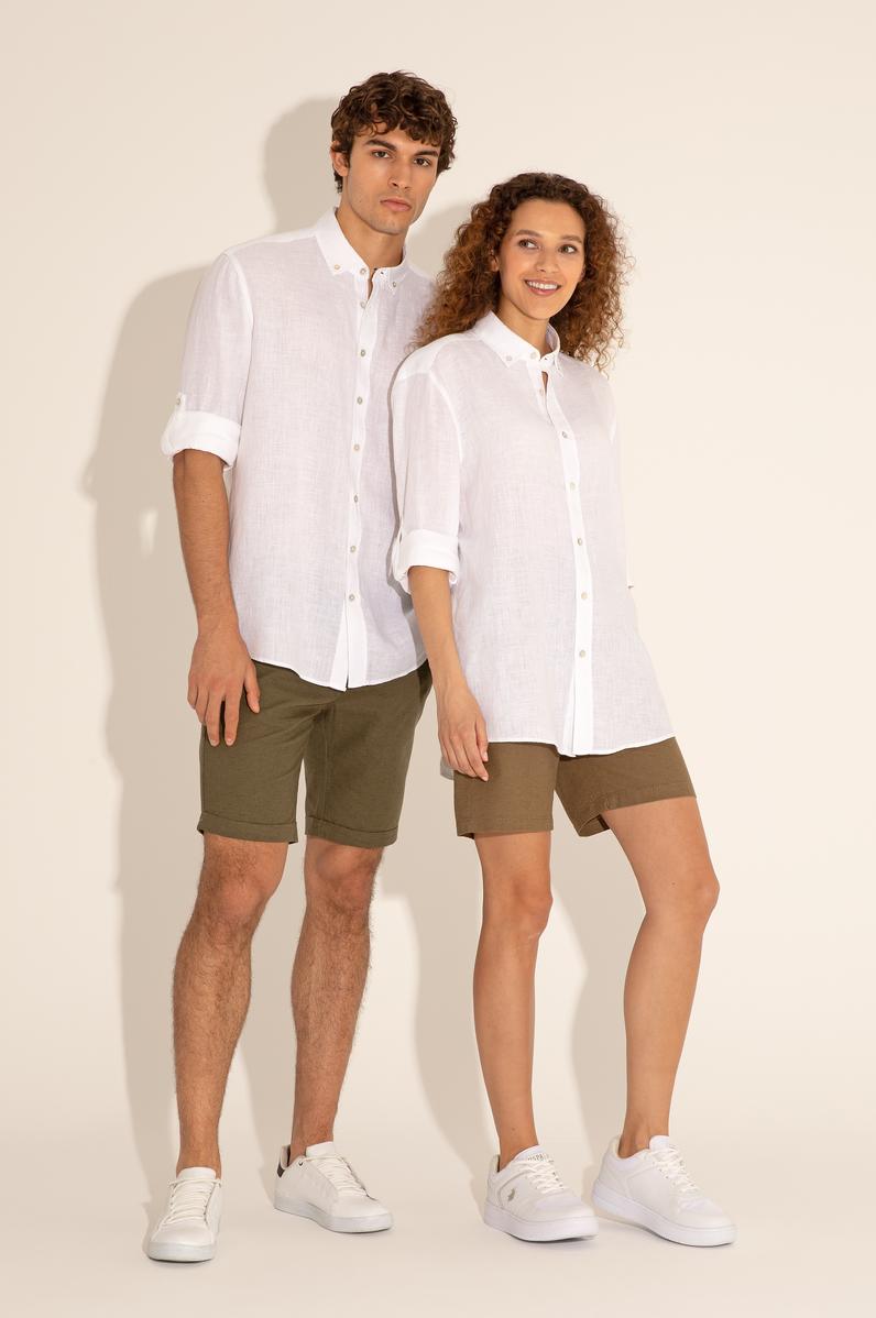 Beyaz Unisex Keten Gömlek